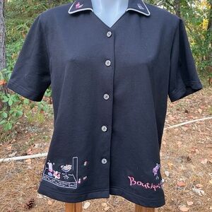 1980’s bowling shirt with fashionista embroidery and checked buttons M K Wear